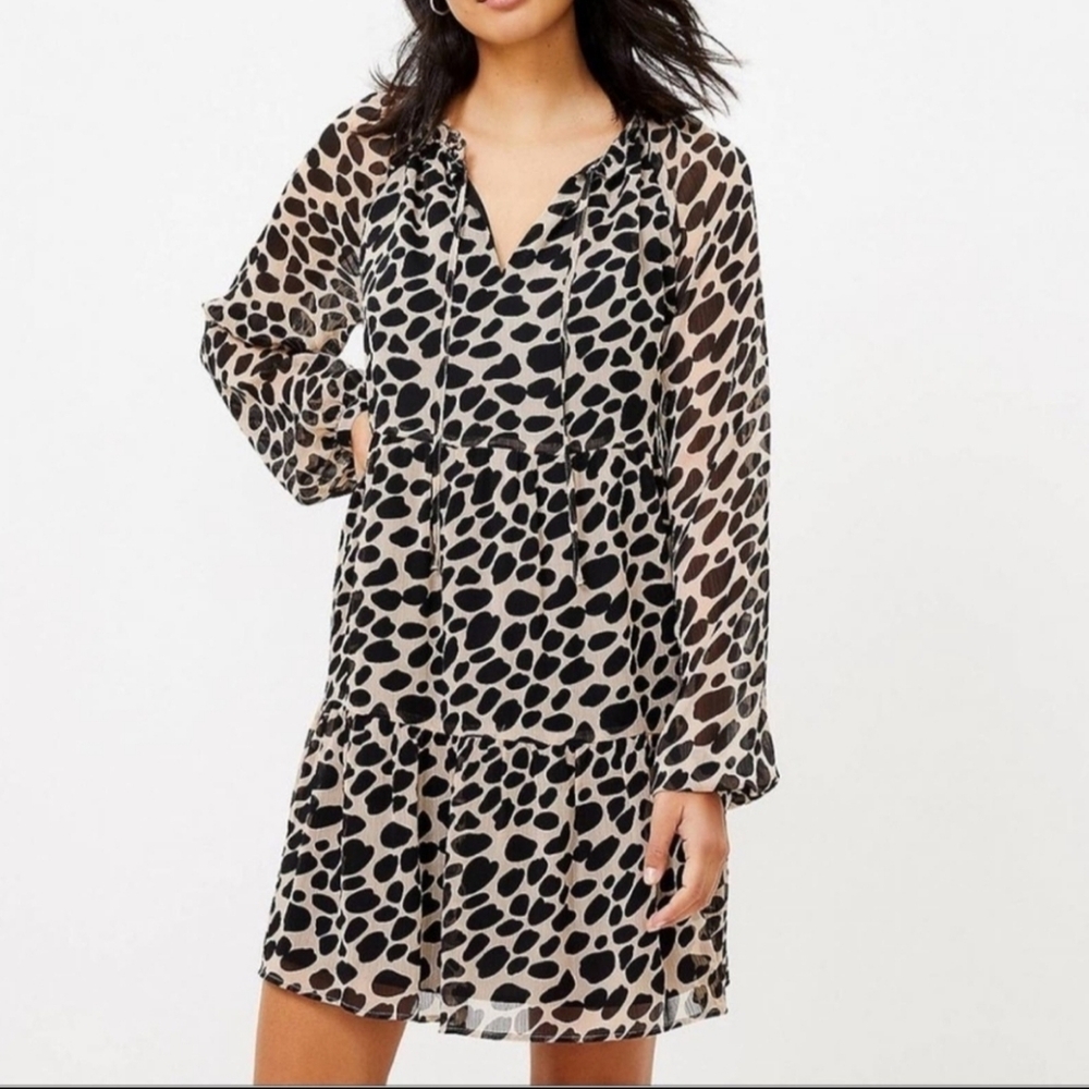 Loft Women's Chic Black and Cream Leopard Print Dress Size SP